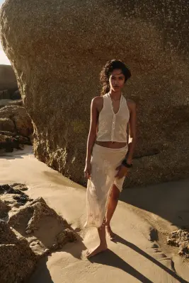 Jupe de plage brodée en coton - Beige clair