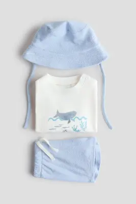 Ensemble 3 pièces en jersey et tissu éponge - Bleu clair/baleine