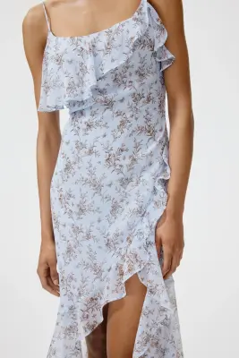 Robe volantée à bretelles fines - Bleu clair/fleuri