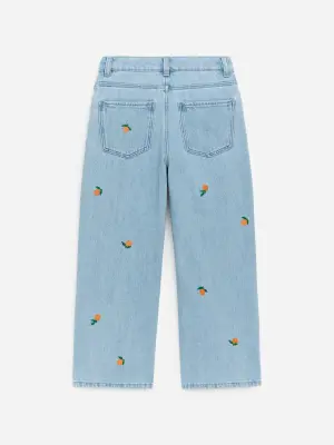 Pantalon en jean brodé - Bleu/Oranges