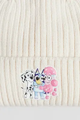 Bonnet en maille côtelée avec motif - Beige clair/Bluey