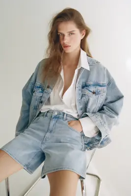 Short taille haute en denim - Bleu denim clair