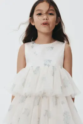 Robe avec jupe en tulle à volants étagés - Crème/fleuri