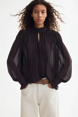 Blouse en mousseline avec manches bouffantes - Violet foncé