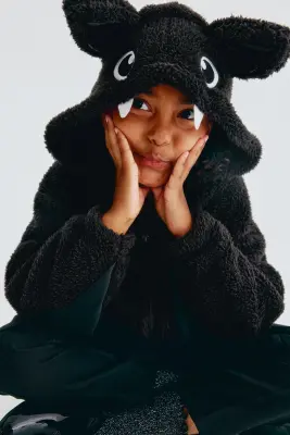 Veste à capuche en tissu peluche avec appliqués - Noir/chauve-souris