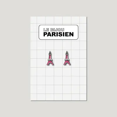 BOUCLES D'OREILLES TOUR EIFFEL ÉMAILLÉES & STRASS - ROSE