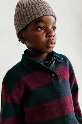 Pull façon polo en maille de coton - Bleu marine/rouge foncé