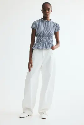 Blouse à manches bouffantes - Bleu foncé/carreaux