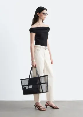 Sac cabas en mesh à détails en cuir - Noir