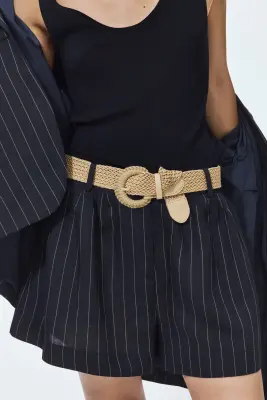 Short en lin mélangé avec ceinture - Bleu marine/rayures tennis