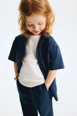 Pantalon en seersucker de coton - Vert/rayures bleu foncé