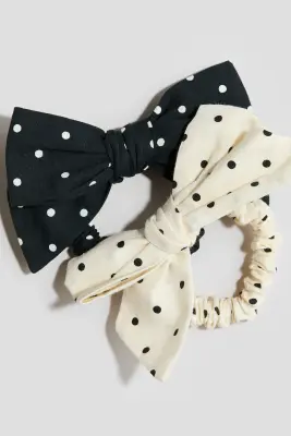 Lot de 2 chouchous avec nœud - Noir/pois crème