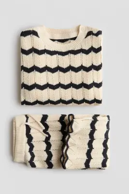 Ensemble 2 pièces en pointelle de coton - Beige clair/rayé