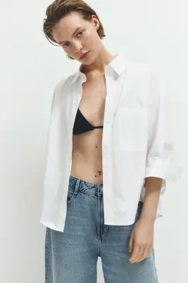 Chemise courte en popeline - Blanc
