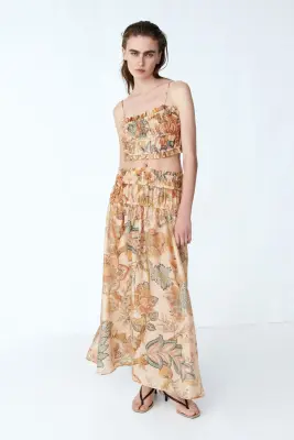 Jupe évasée avec détail smocké - Beige/fleuri