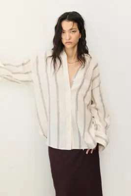 Chemise oversize en lin - Beige clair/rayé