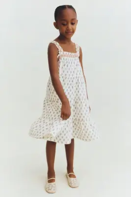 Robe à bretelles fines en mousseline de coton - Crème/motif