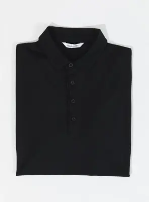 Pleated Tab Short Sleeve Poloshirt in Black Eucalyptus & Cotton