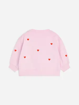 Sweat en coton brodé - Rose/Cœurs rouges