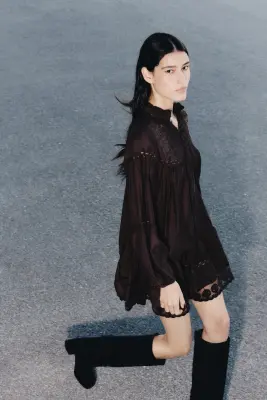 Robe tunique avec dentelle - Marron foncé