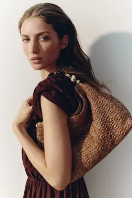 Sac porté épaule en paille - Beige foncé