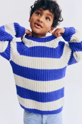 Pull en maille de coton côtelée - Bleu/blanc