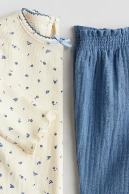 Ensemble 2 pièces en coton - Bleu/fleuri