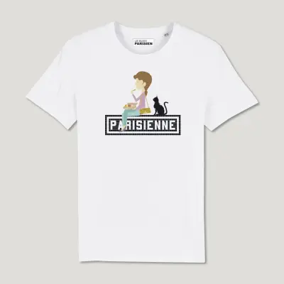 T-SHIRT COTON BIO IMPRIMÉ – PARISIENNE CHAT - BLANC