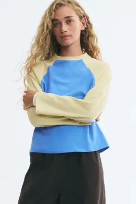 Top en coton avec manches raglan - Bleu clair/jaune