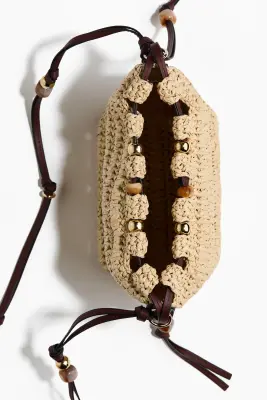 Sac crossbody en paille avec perles fantaisie - Beige/marron foncé