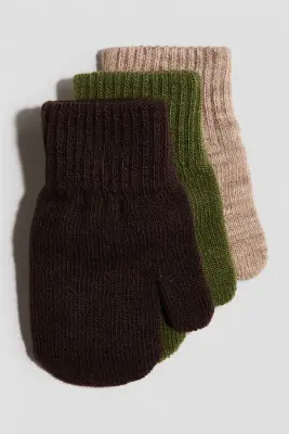 Lot de 3 paires de moufles - Marron/vert kaki