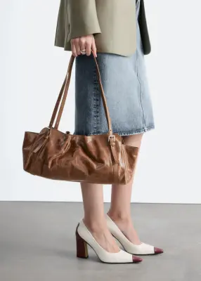 Sac porté épaule en cuir à silhouette basse - Marron Clair