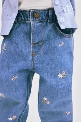 Jean avec détails brodés - Bleu denim/fleurs
