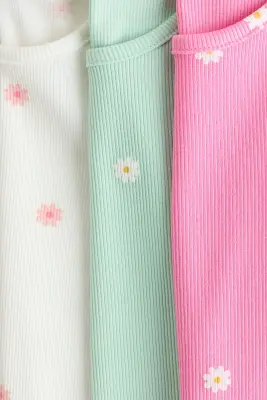 Lot de 3 tops en coton côtelé - Rose/fleuri