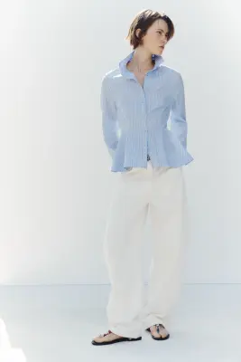 Chemise péplum en coton - Bleu clair/rayures tennis