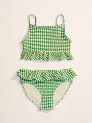 Bikini à volants en seersucker - Vert/Blanc