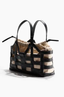 Grand tote bag avec cordon de serrage - Noir/beige clair