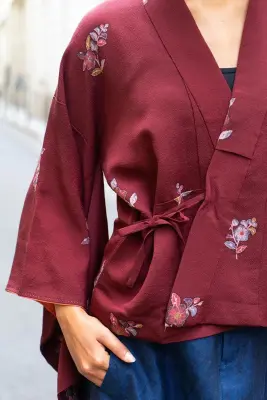 Veste kimono en soie Bordeaux