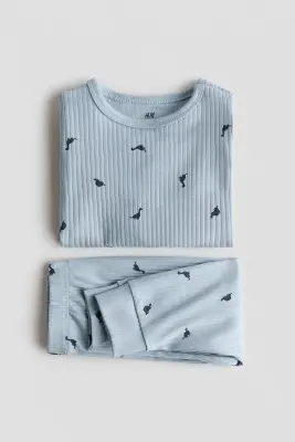 Ensemble côtelé en coton - Bleu clair/dinosaures