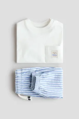 Ensemble 2 pièces en lin mélangé - Blanc/rayures bleues