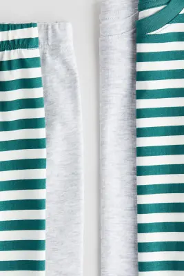 Lot de 2 pyjamas imprimés en coton - Gris clair/rayures vertes