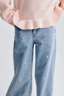 Jean à jambes larges avec motifs - Bleu denim clair/fleuri