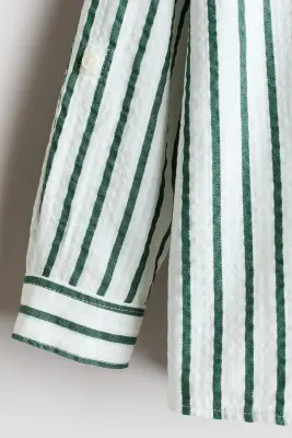 Chemise en coton avec col sans rabat - Blanc/rayures vertes