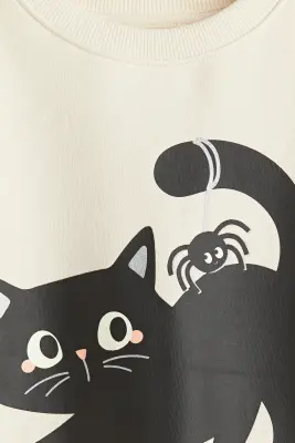 Sweat imprimé avec intérieur brossé - Crème/chat