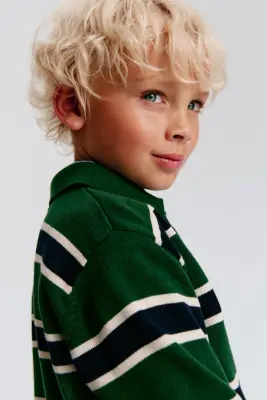 Pull façon polo en coton - Vert foncé/rayé