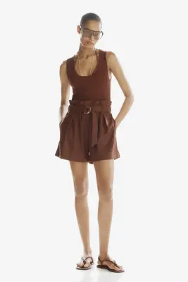 Short paper bag avec ceinture - Marron foncé