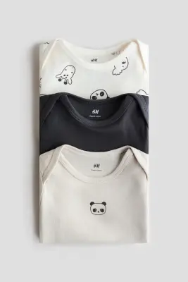 Lot de 3 bodies en coton avec encolure américaine - Beige clair/pandas