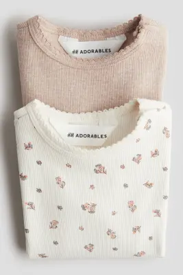 Lot de 2 tops en jersey de coton - Beige/fleuri