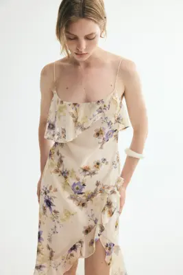 Robe volantée à bretelles fines - Beige clair/fleuri