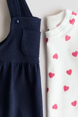 Ensemble 2 pièces robe salopette et top - Bleu marine/cœurs